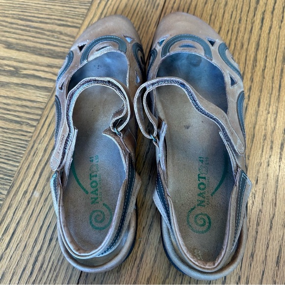 Naot Brown and Metallic Gray Leather Mary Jane Flats Heel & Ankle Velcro Straps - Picture 2 of 9